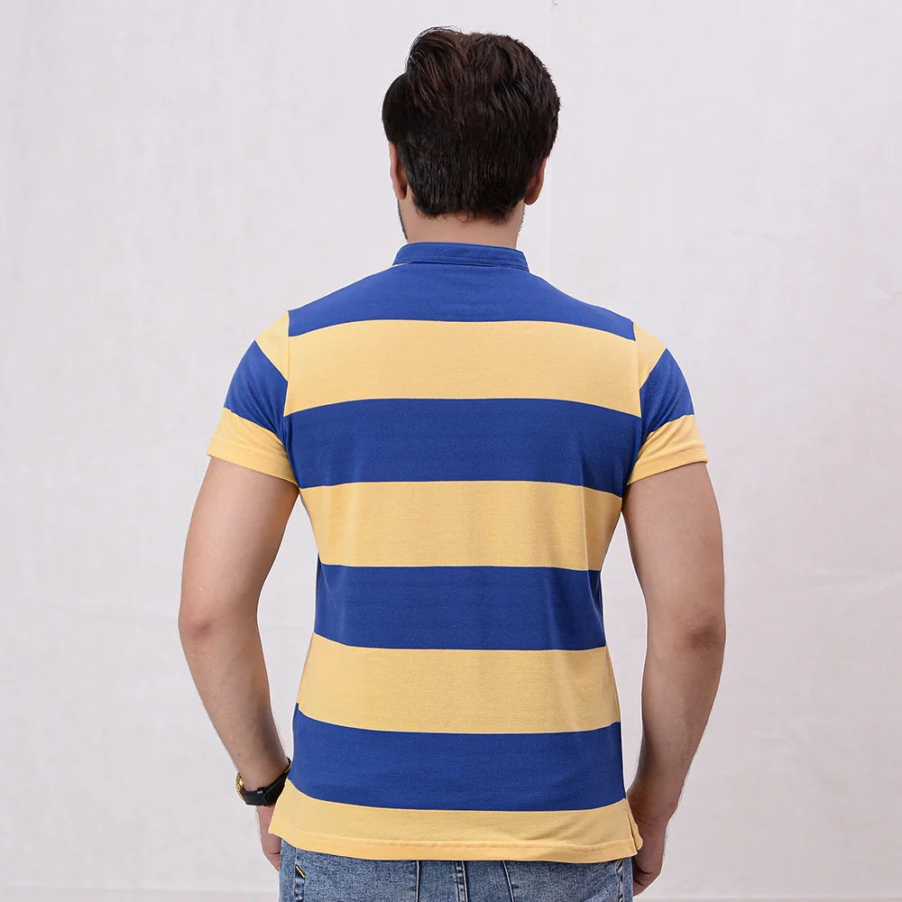 Men Stripe Polo Shirt - Mid Blue