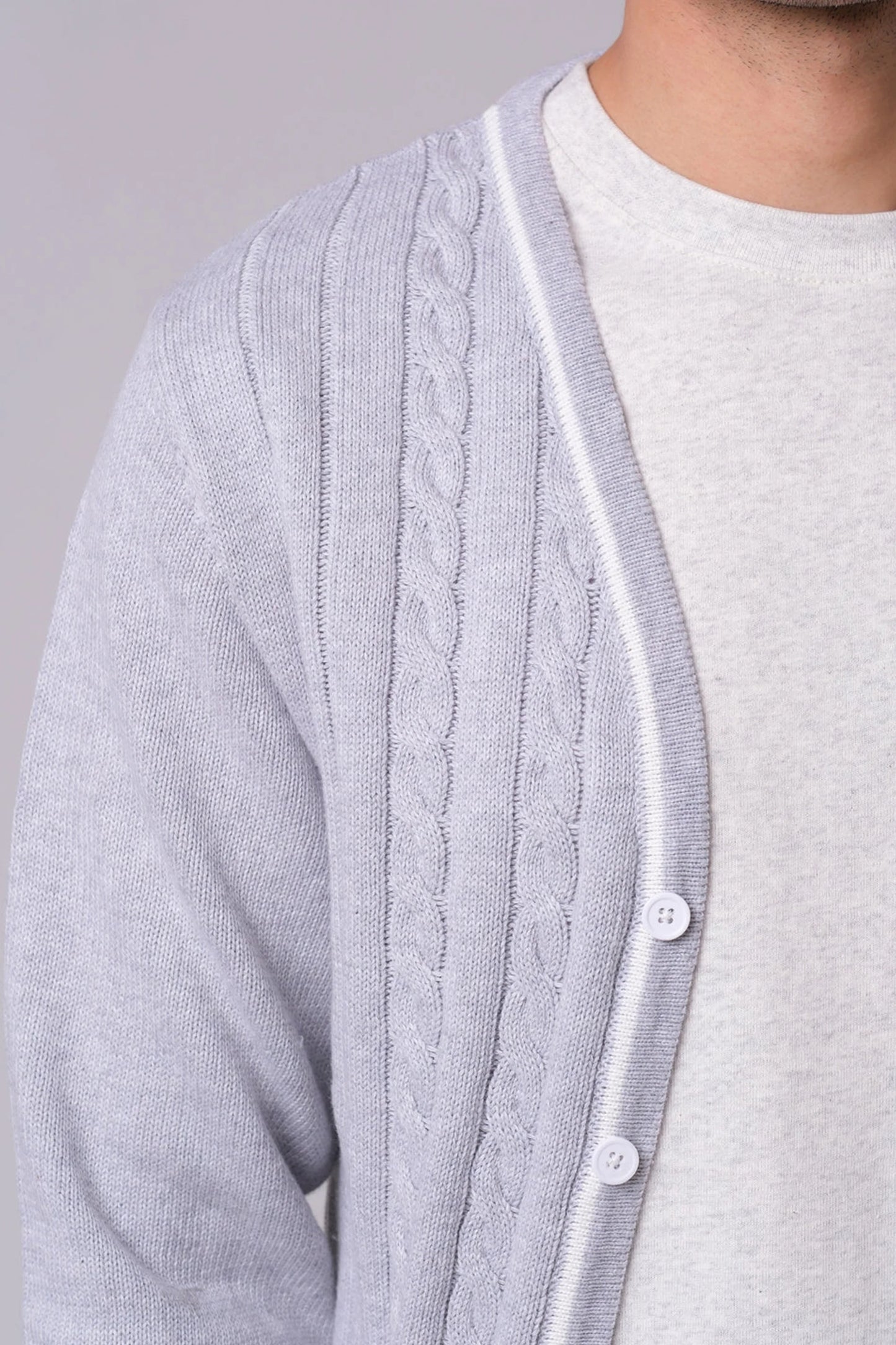 Men’s Grey V-Neck Cardigan with Button Closure and Cable Knit Design