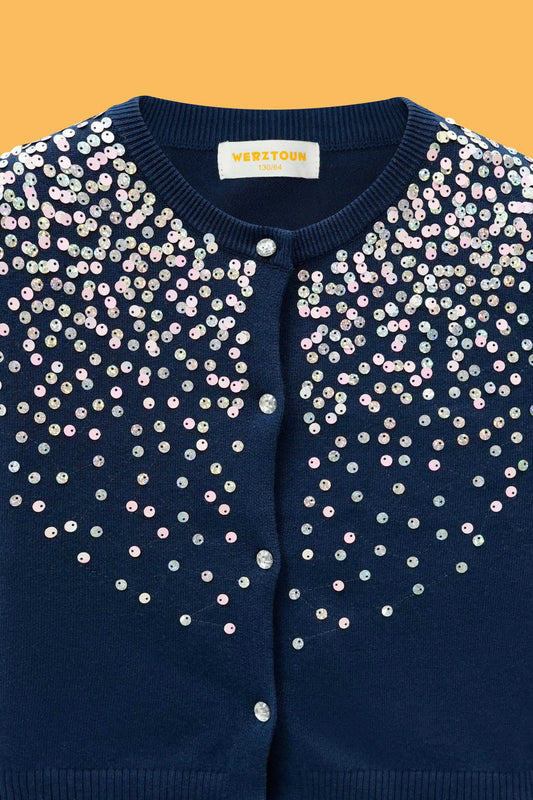 Navy blue cardigan with white embellishments