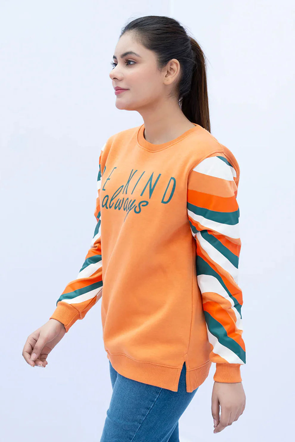 Orange printed sweatshirt side view
