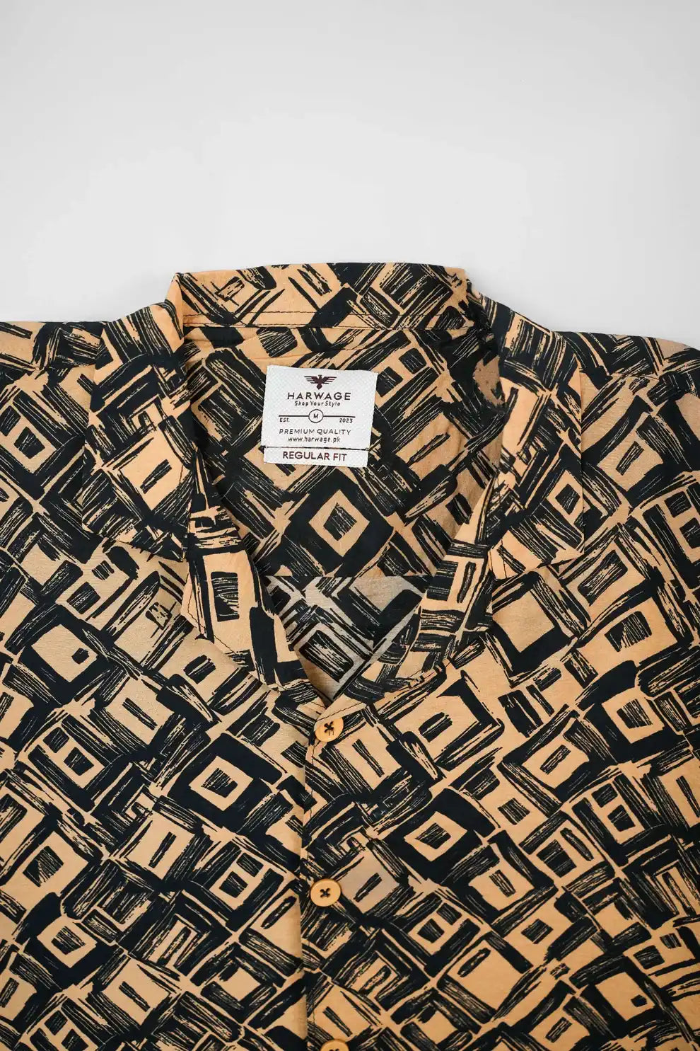 Patterned shirt with a visible brand label