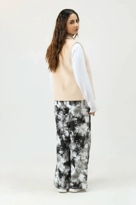 Woman wearing a cream Off-White Rabbit Wool Sleeveless Coat