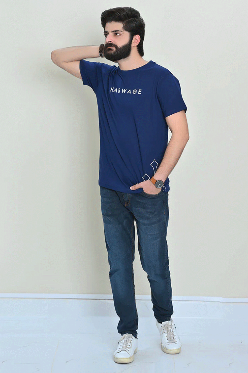 Round Neck With Harwage Print - Navy