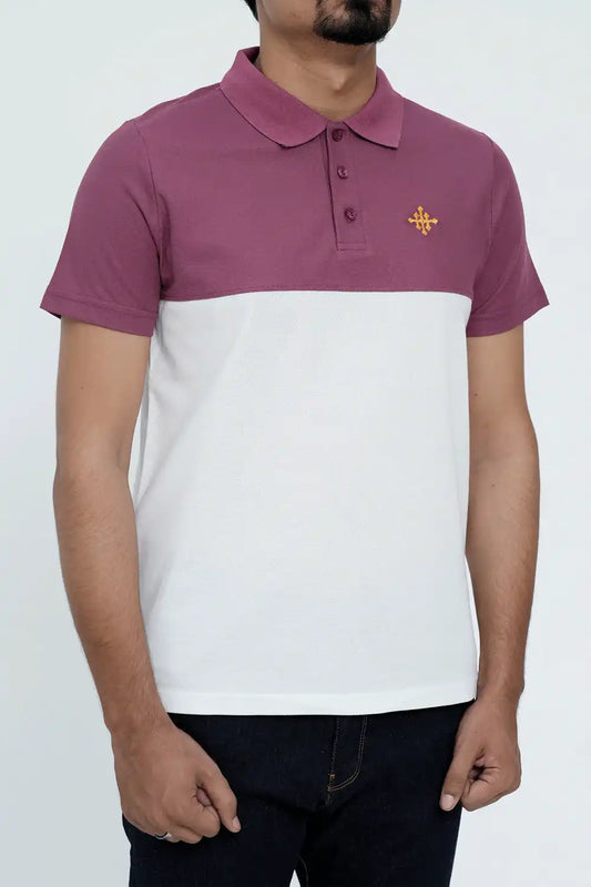 Two-tone purple and white polo shirt with a small logo