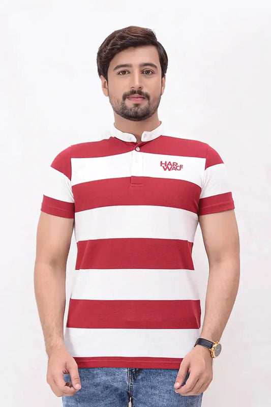 White and red horizontal striped polo shirt