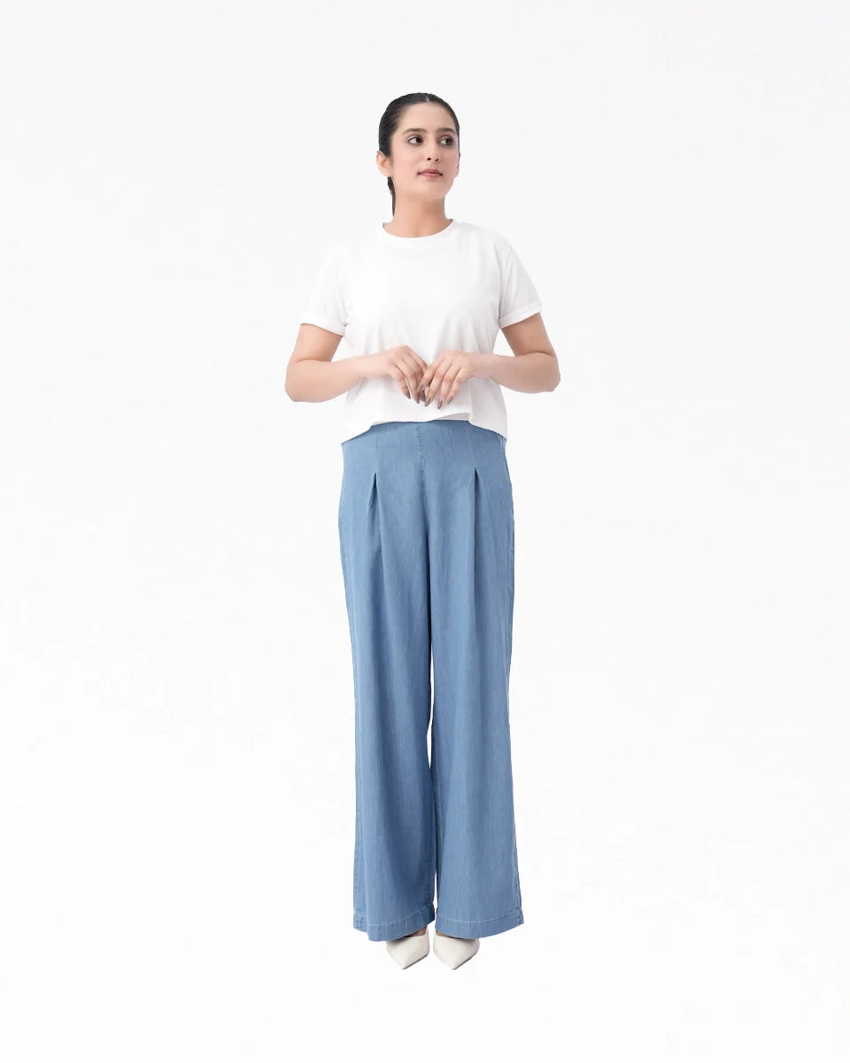 Wide Leg Denim Palazzo - LT Blue