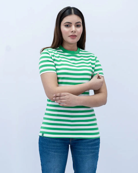 Women Striped T Shirt - Green/White
