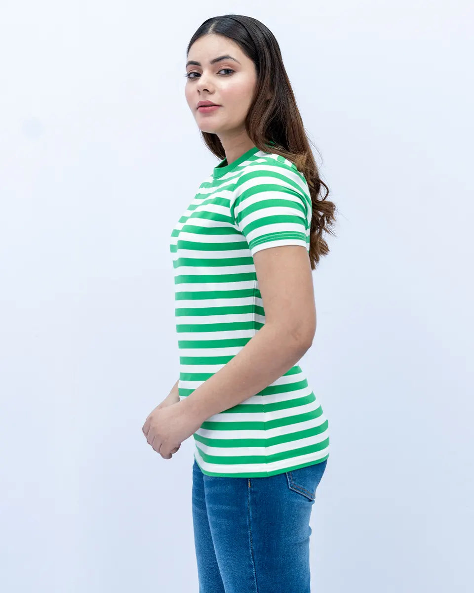 Women Striped T Shirt - Green/White