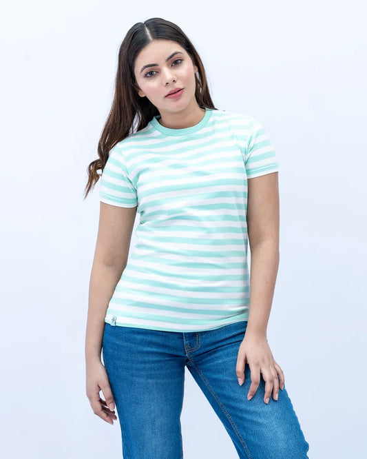 Women Striped T Shirt - Paradise/White