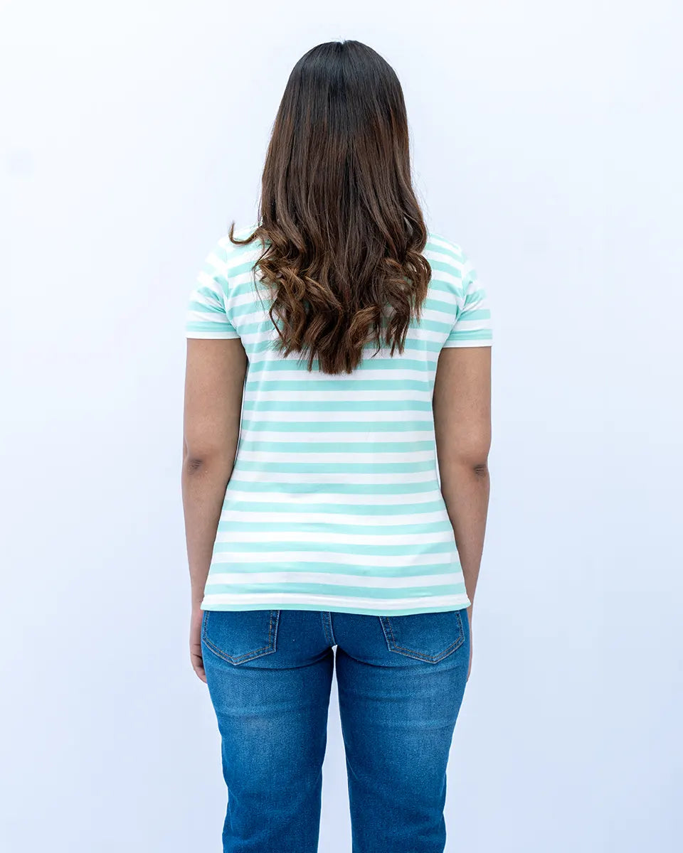 Women Striped T Shirt - Paradise/White