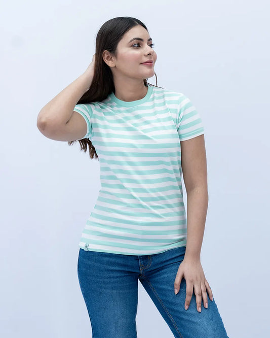 Women Striped T Shirt - Paradise/White