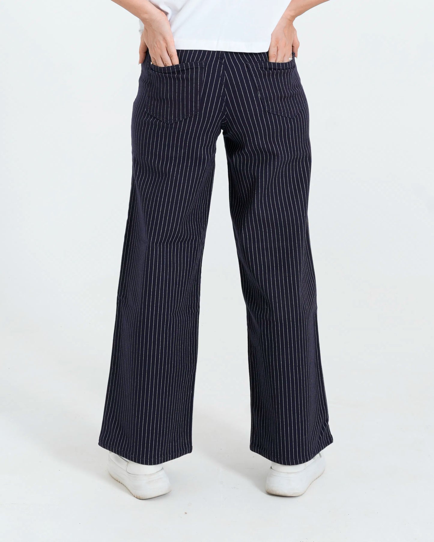 Women Stripped Wide Leg Jeans - Navy Blue