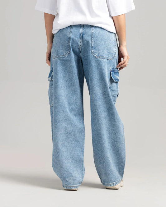 Women wearing Ice Blue Skater Fit Cargo Denim Jeans