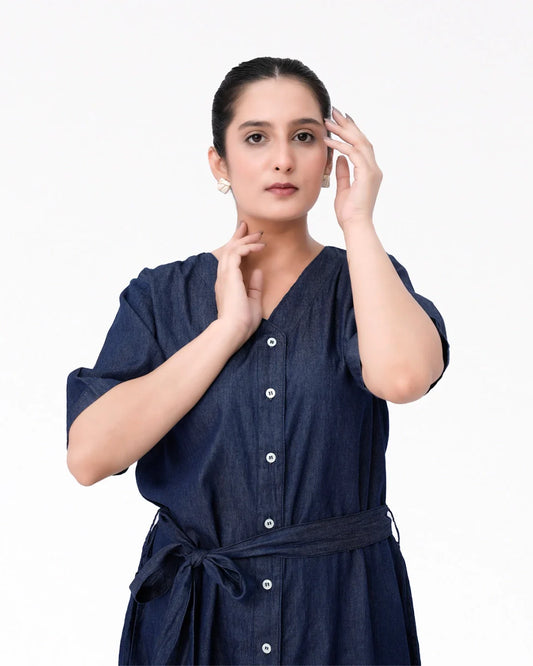 Denim  Long Dress Shirt- Indigo Blue