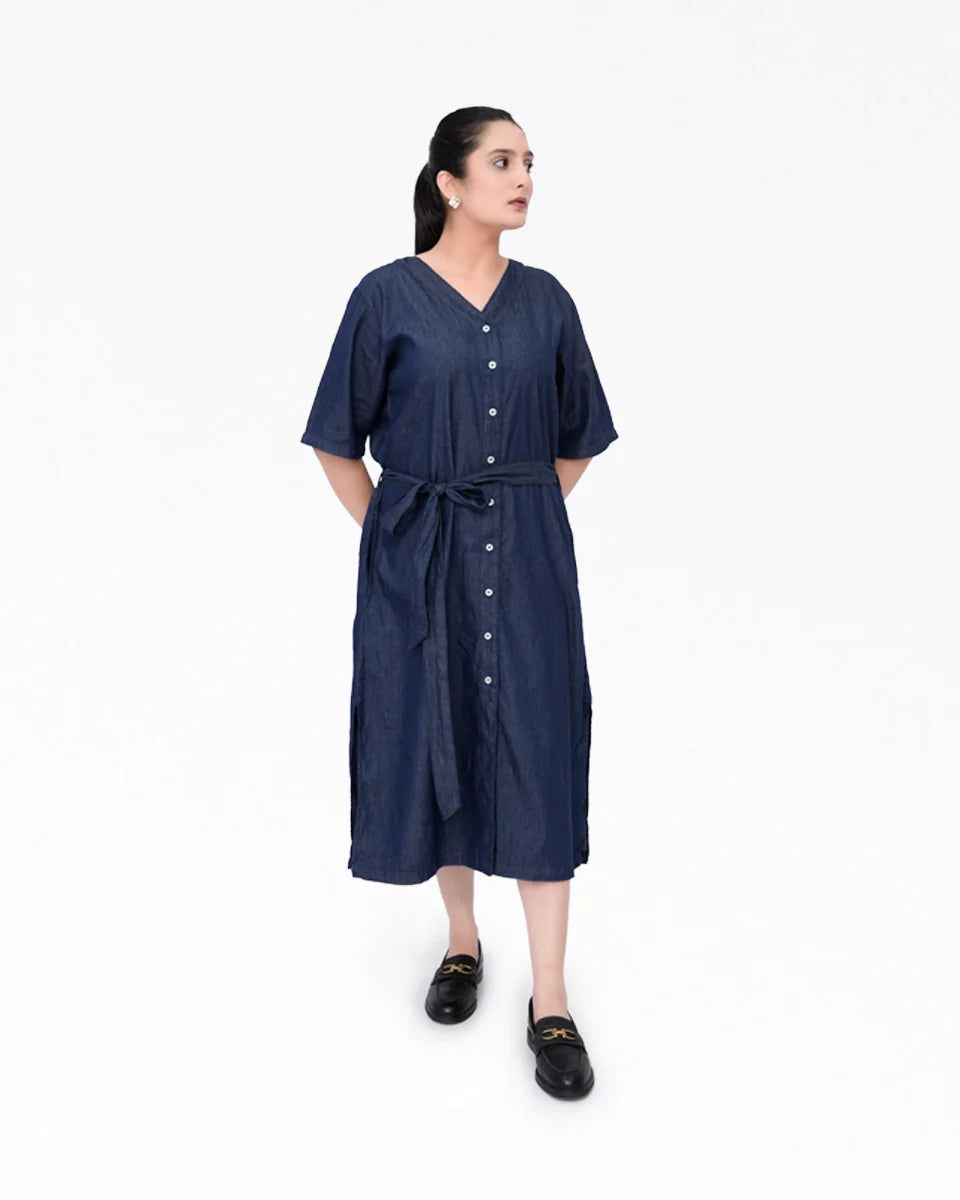 Denim  Long Dress Shirt- Indigo Blue