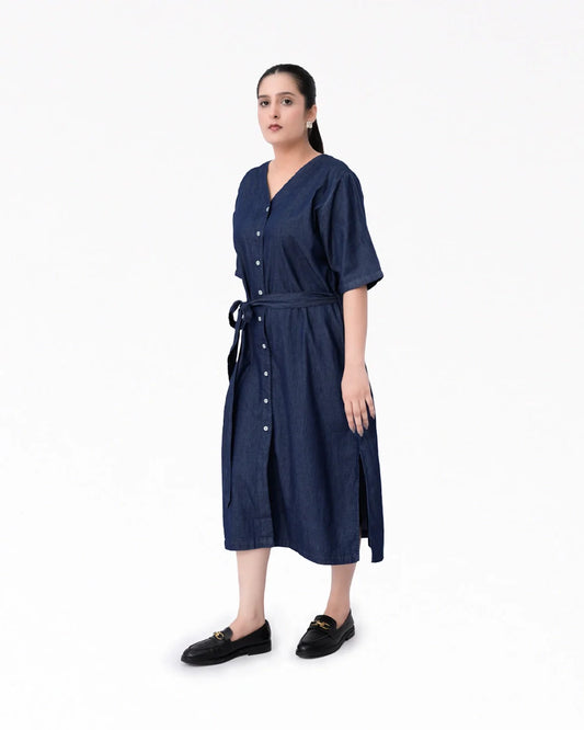 Denim  Long Dress Shirt- Indigo Blue