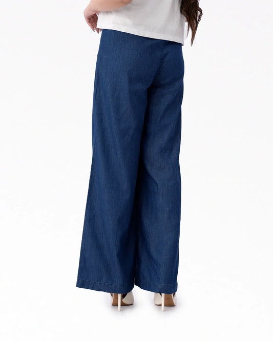 Wide Leg Denim Palazzo - Mid Blue