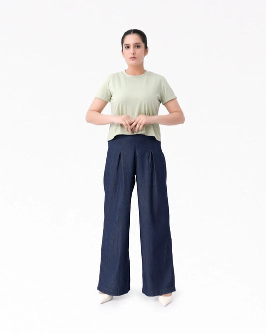 Wide Leg Denim Palazzo - Dark Blue