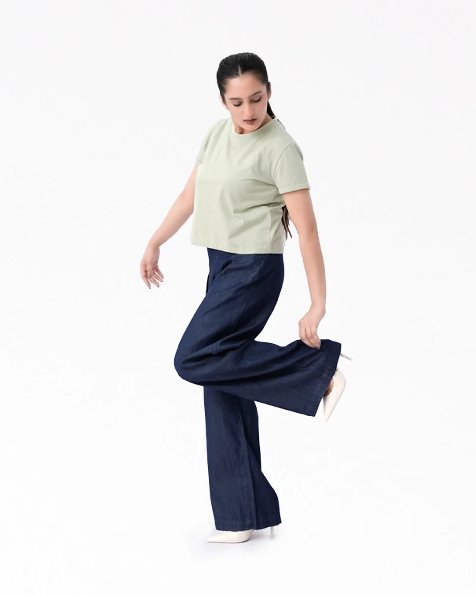 Wide Leg Denim Palazzo - Dark Blue