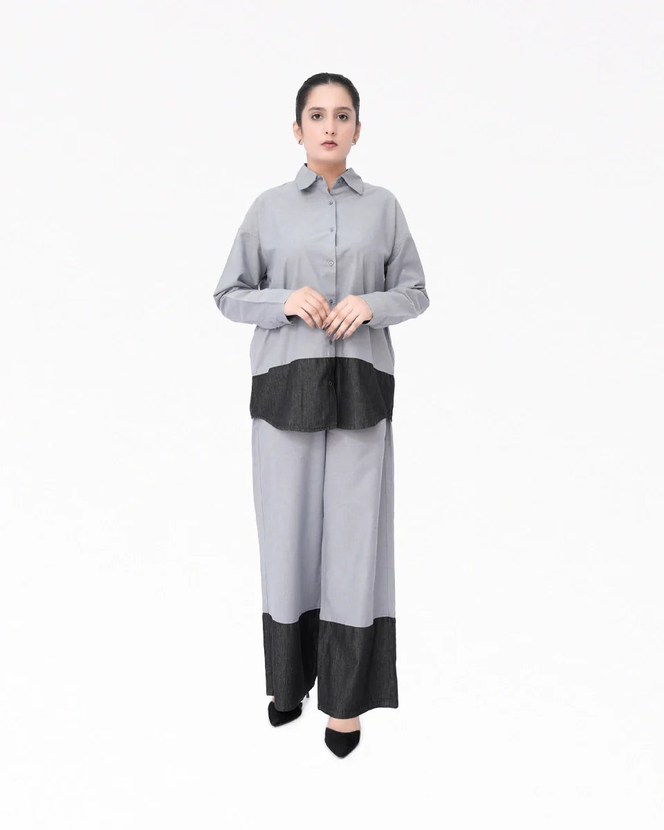 Women Denim Embellish Co-Ord Set – Grey