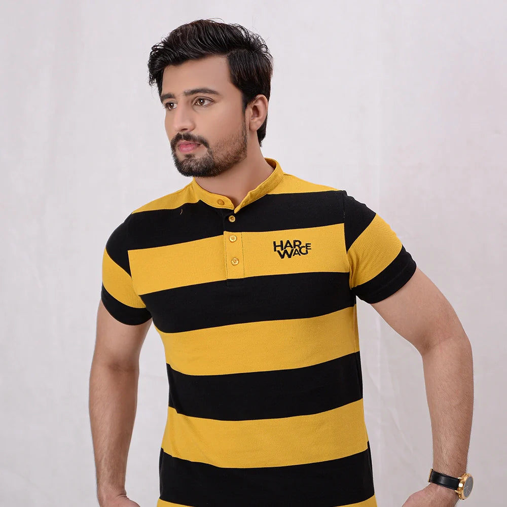 Men Stripe Polo Shirt - Black