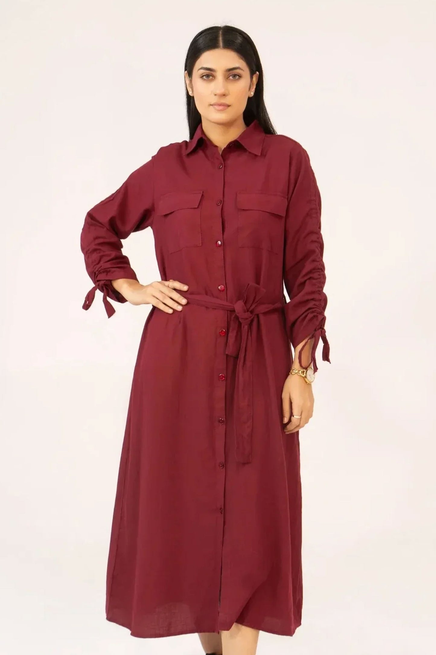 Women Woven Long Dress - Maroon