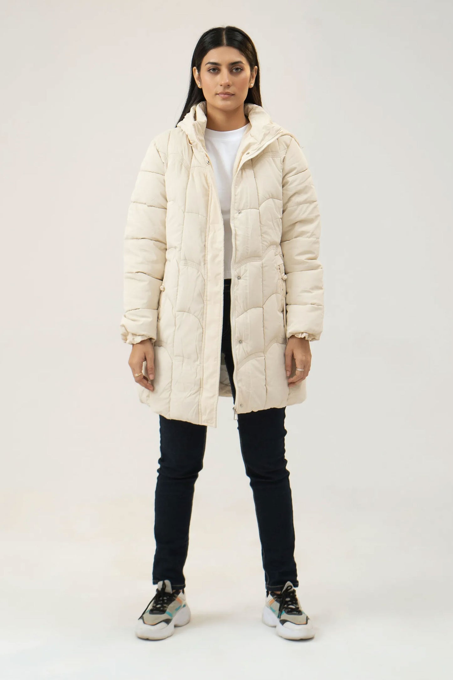 Women Puffer Parachute Jacket - Cream