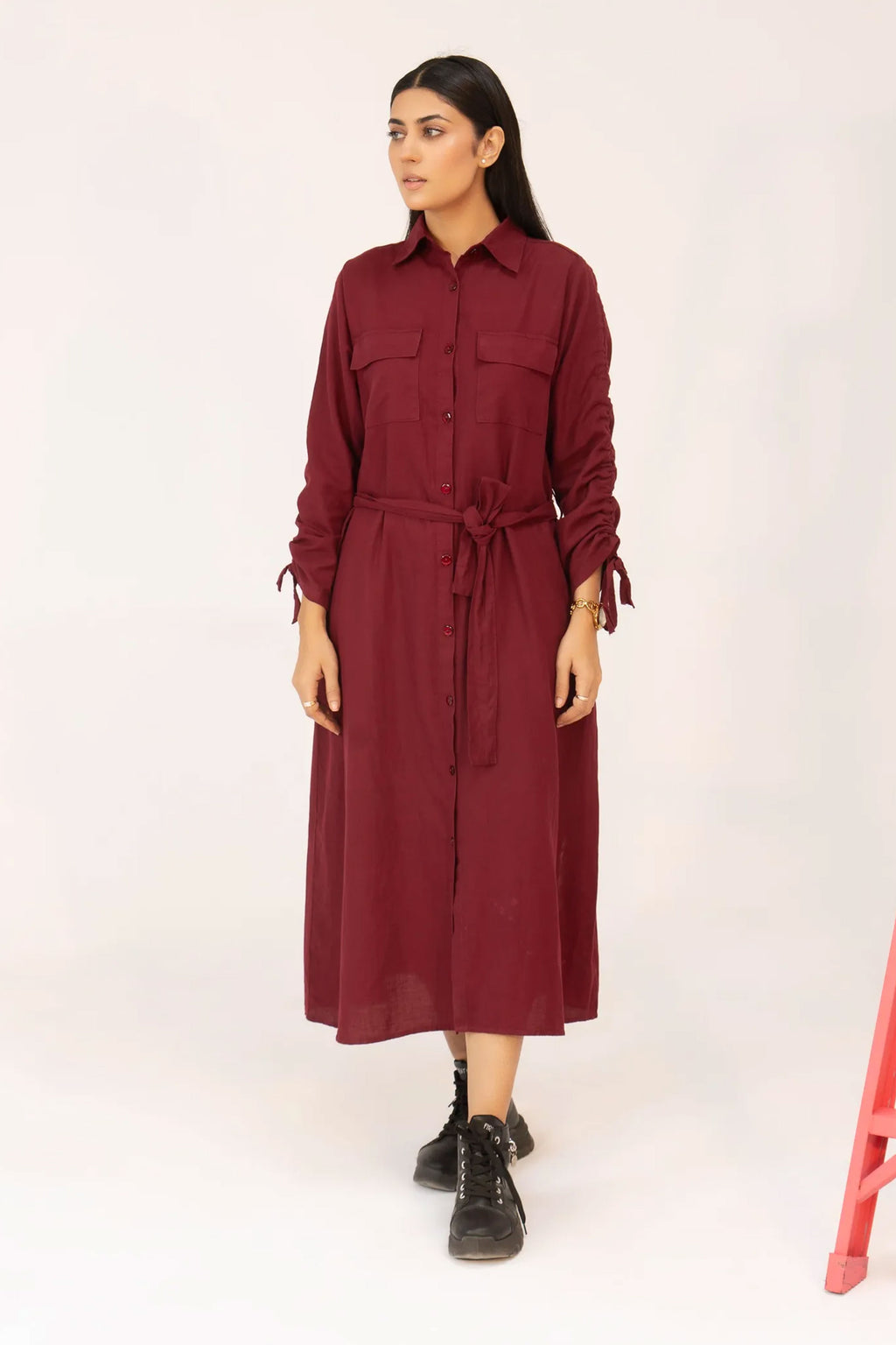 Women Woven Long Dress - Maroon