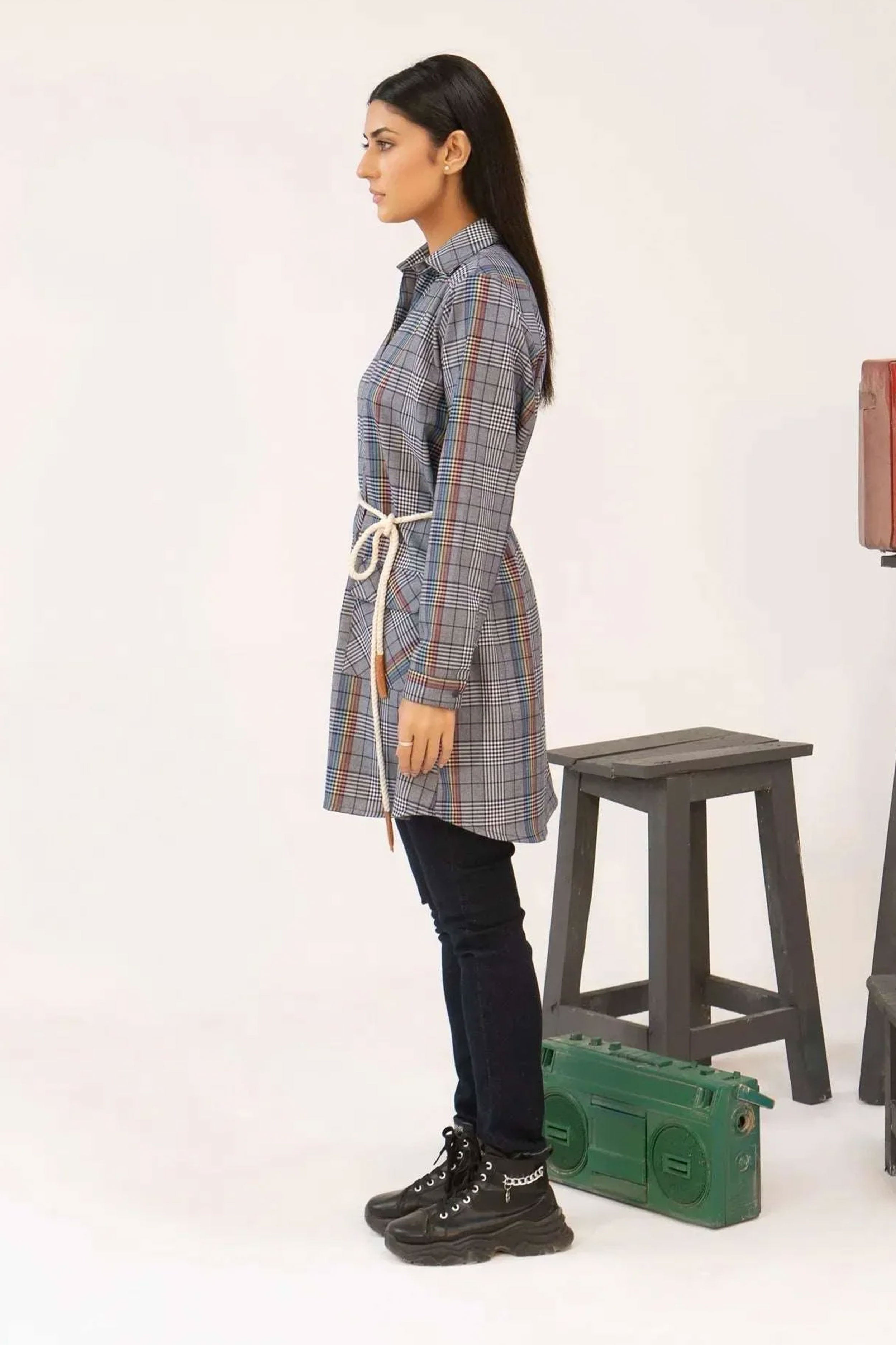 Women Tunic Dress Shirt - Multi Checkered