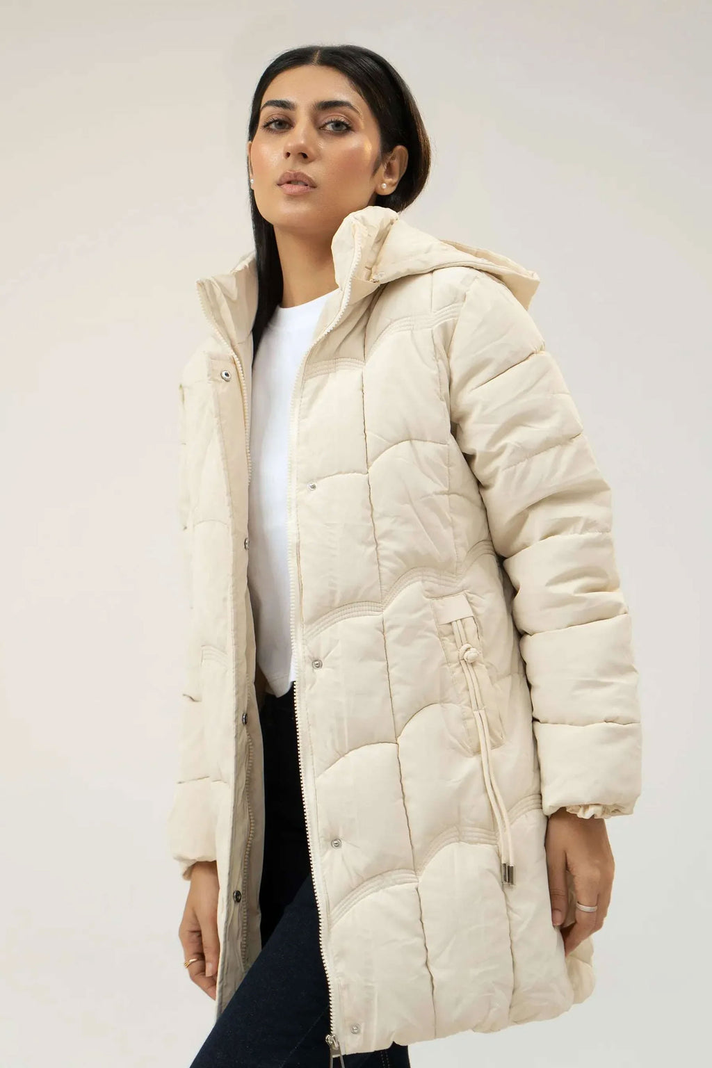 Women Puffer Parachute Jacket - Cream