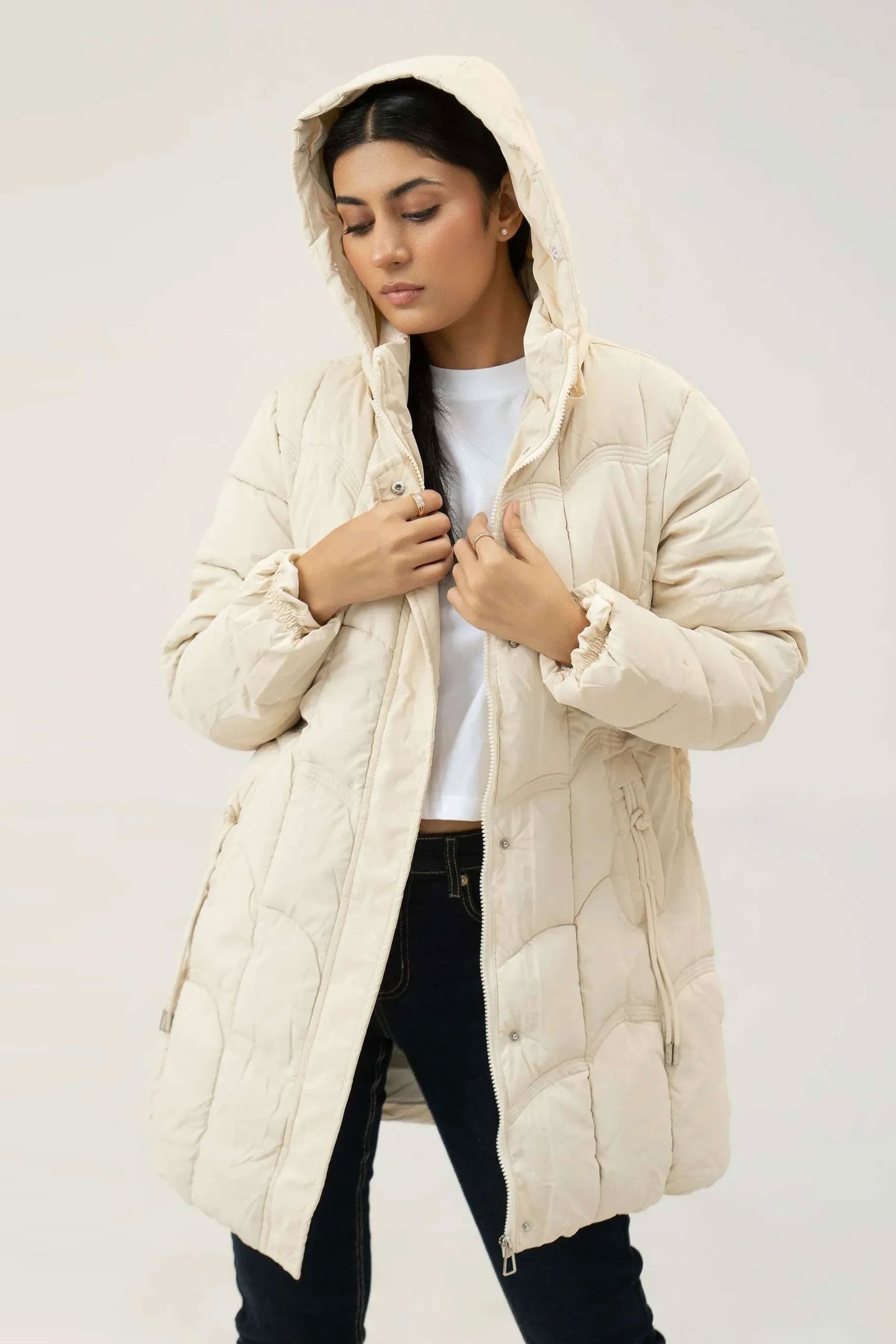 Women Puffer Parachute Jacket - Cream