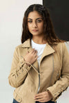 Women Fur Leather Jacket - Beige