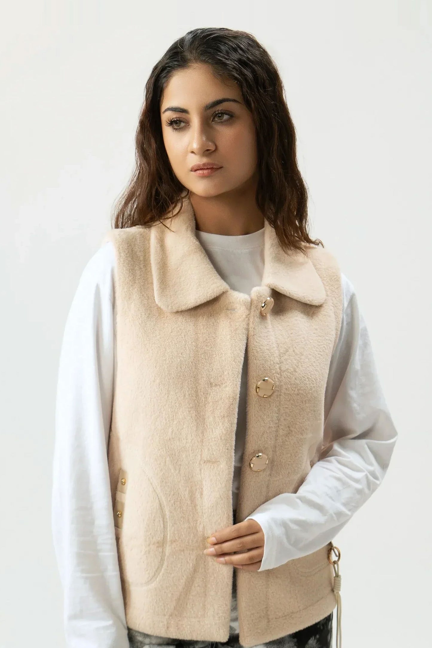 Women Rabbit Wool Sleeveless Coat - Beige
