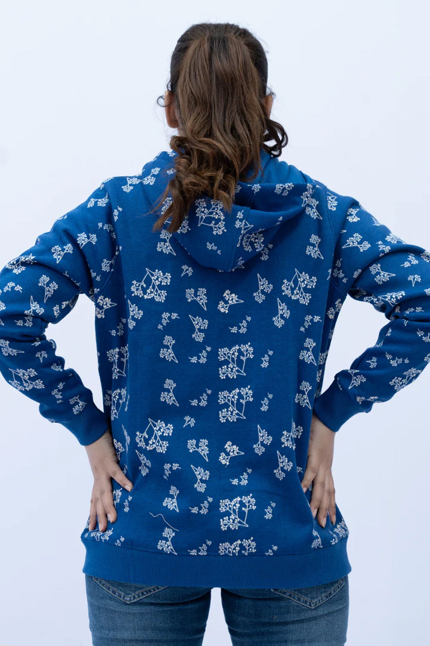 Women Allover Print Zipper Hoodie - Classic Blue