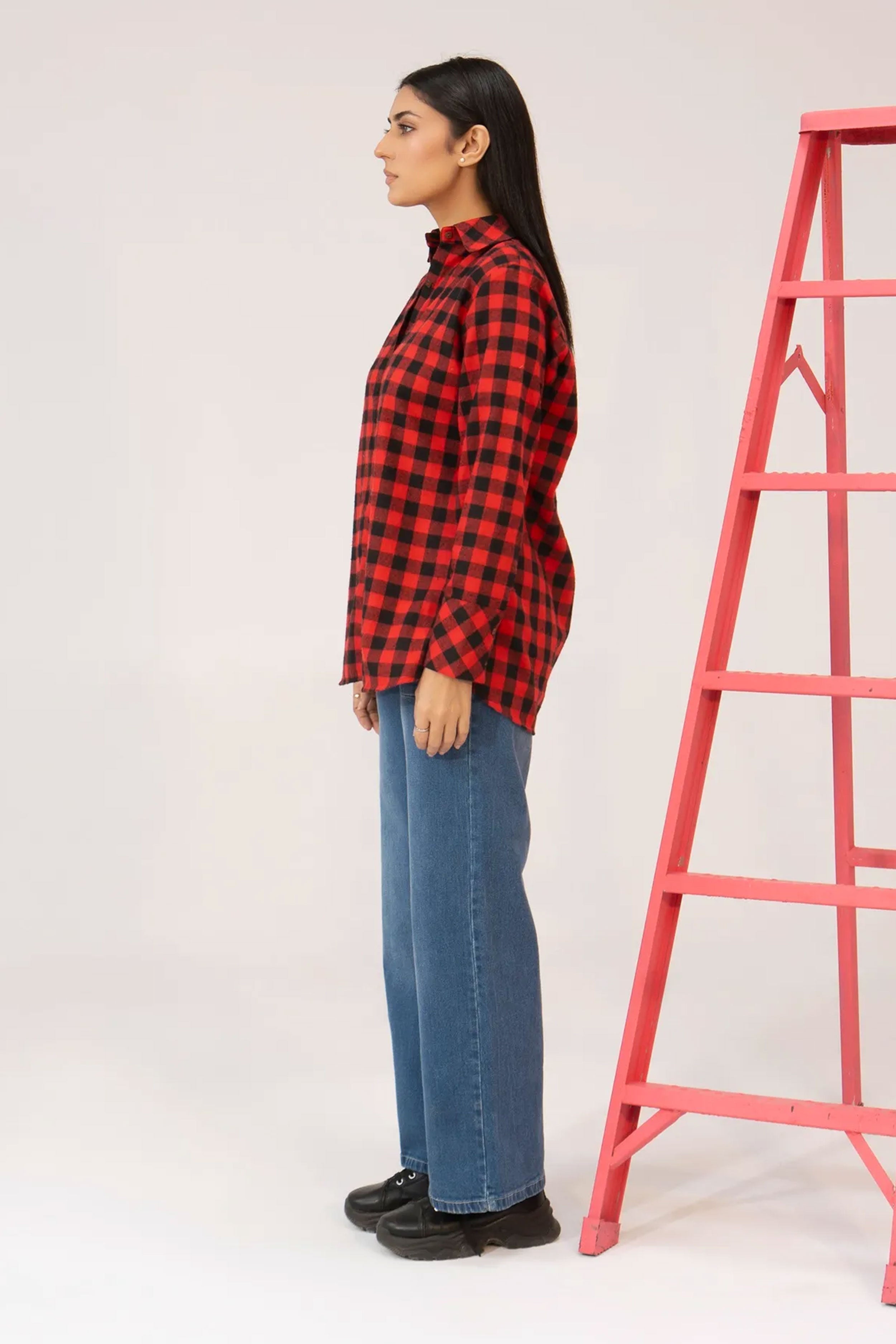 Women Tunic Shirt - Red Checkered