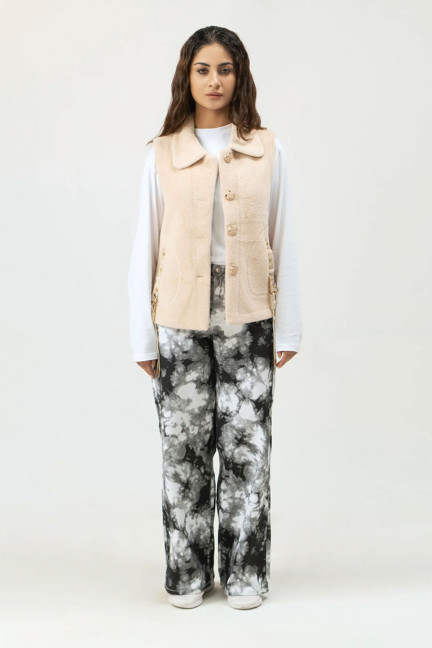 Women Rabbit Wool Sleeveless Coat - Beige