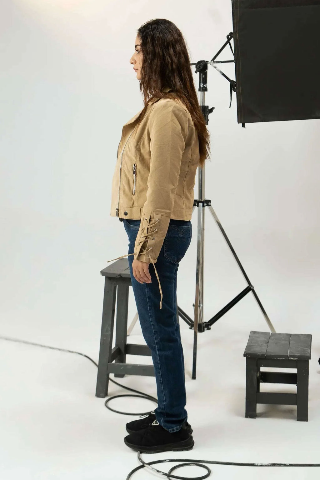 Women Fur Leather Jacket - Beige