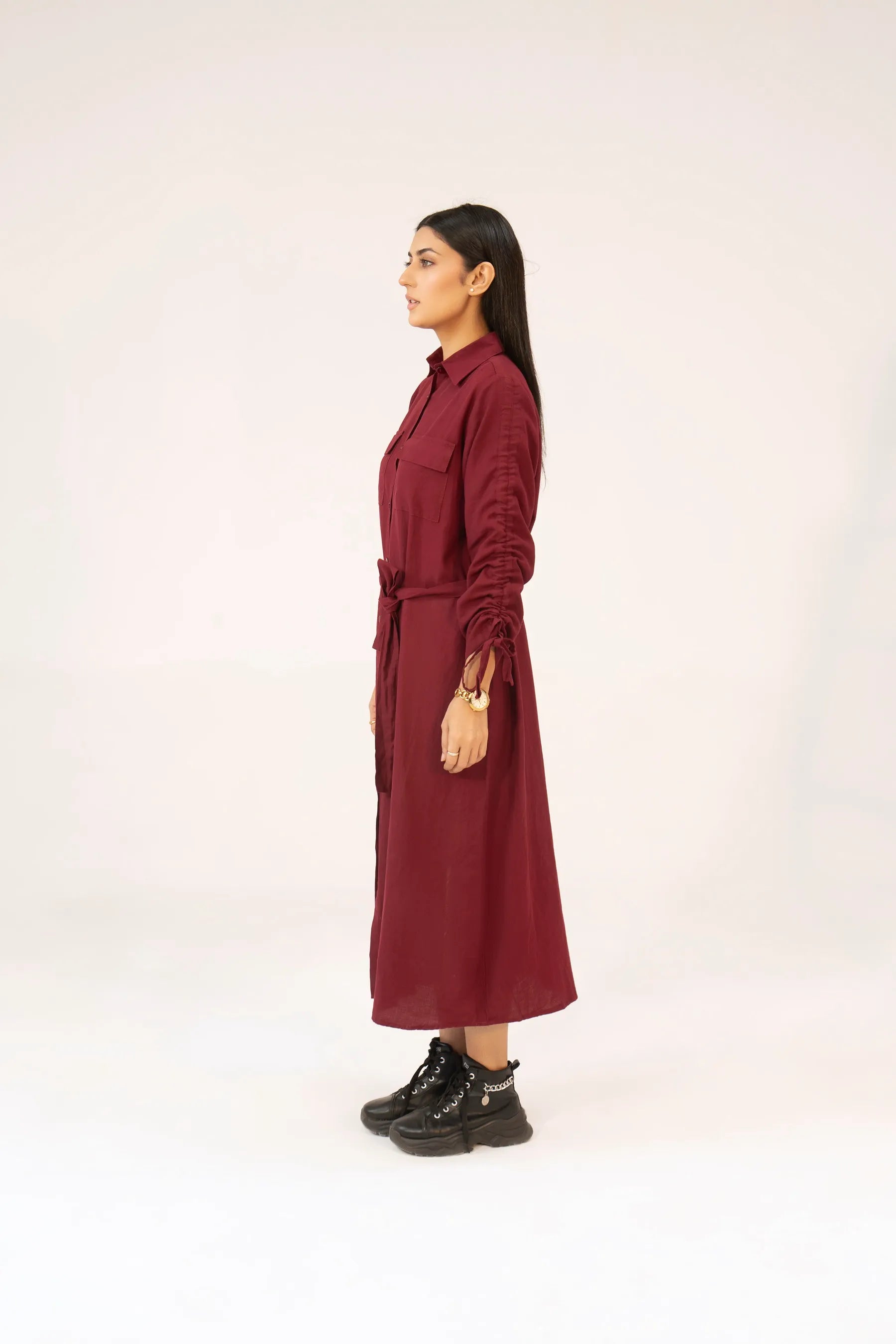 Women Woven Long Dress - Maroon - Harwage