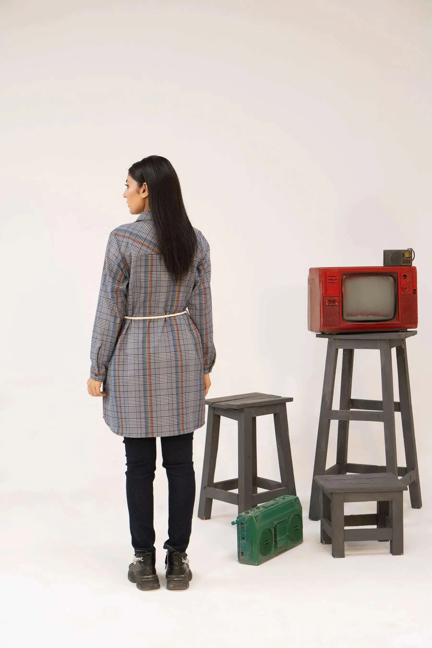 Women Tunic Dress Shirt - Multi Checkered - Harwage