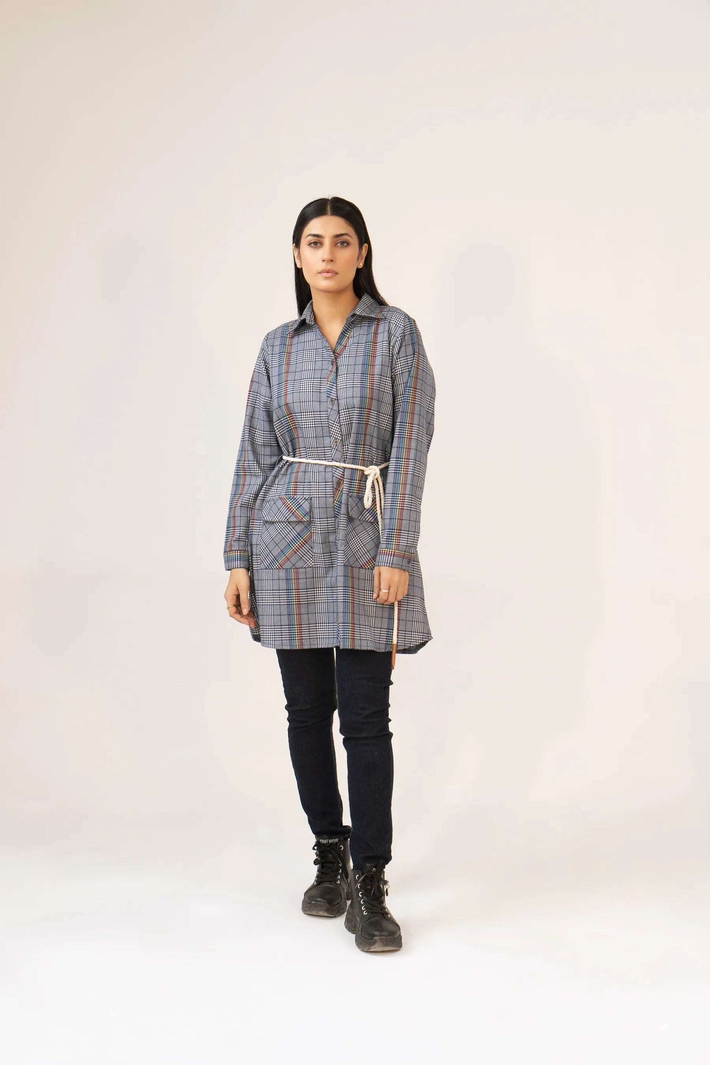 Women Tunic Dress Shirt - Multi Checkered - Harwage