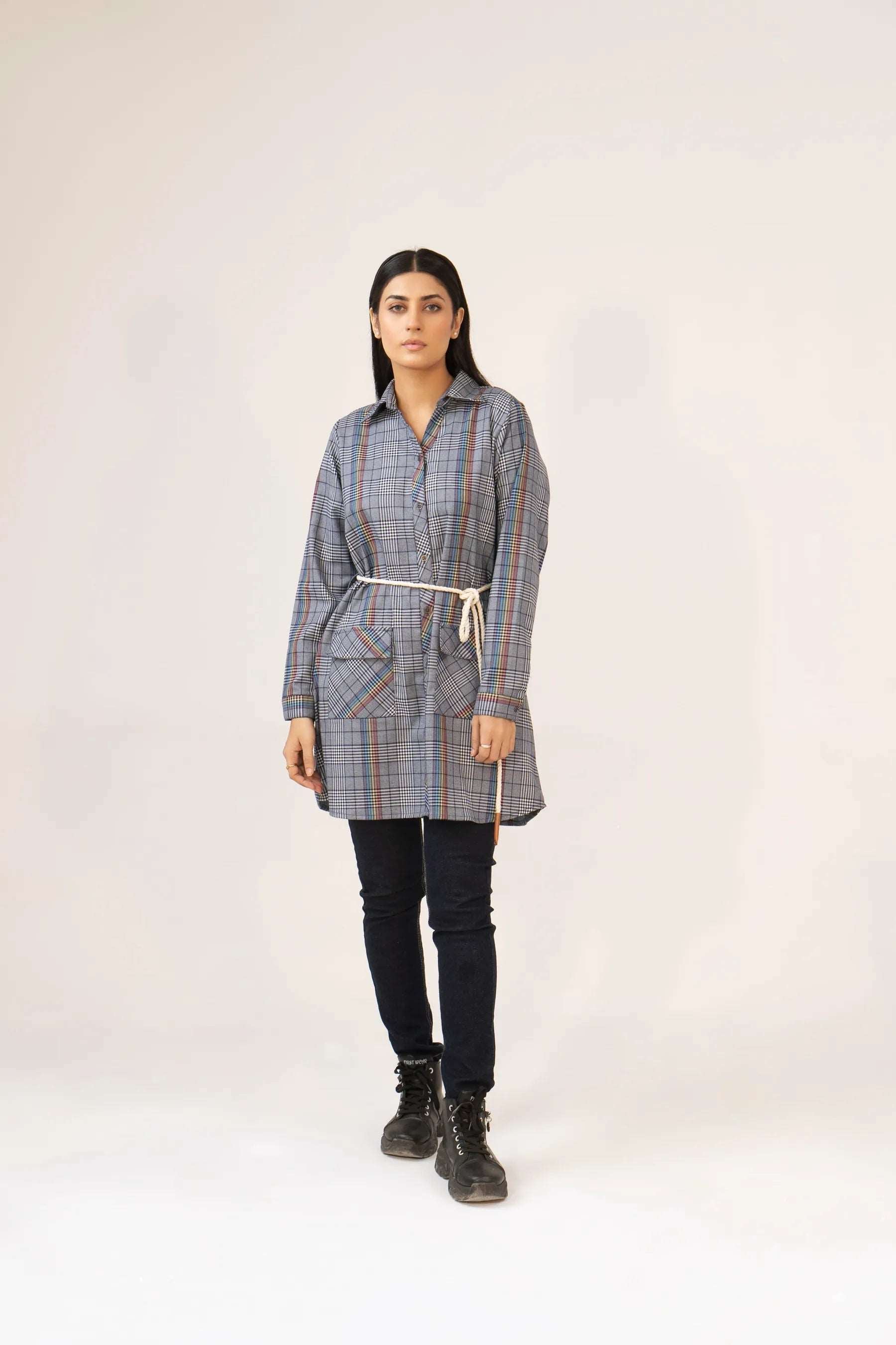 Women Tunic Dress Shirt - Multi Checkered - Harwage