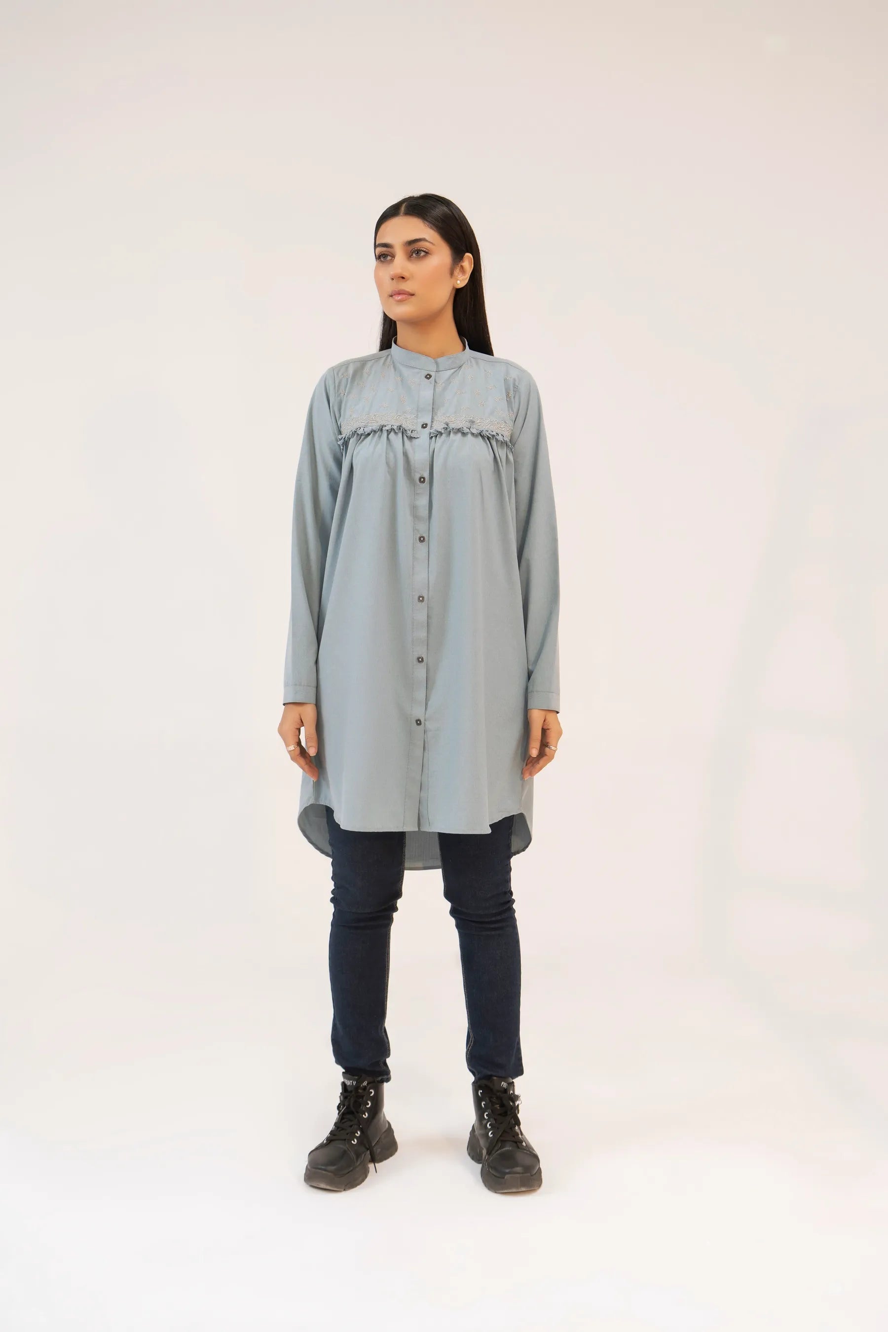 Women Tunic Dress Shirt - Carrot Blue - Harwage