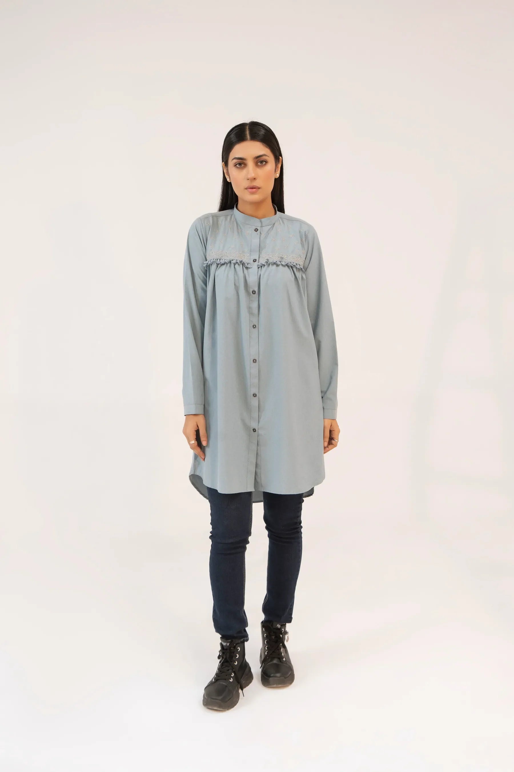 Women Tunic Dress Shirt - Carrot Blue - Harwage