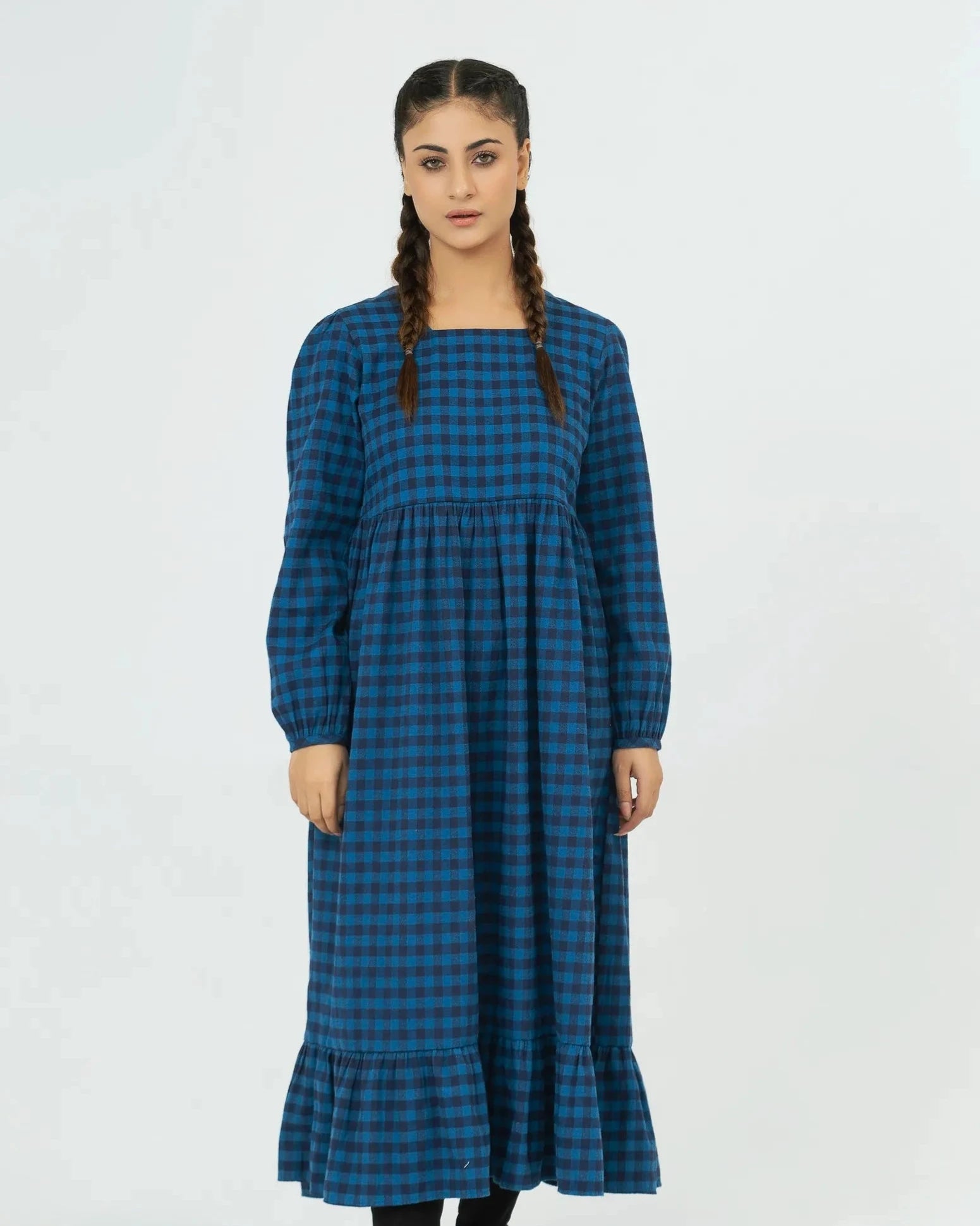 Women Checkered Long Dress - Imperial Blue - Harwage