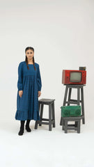 Women Checkered Long Dress - Imperial Blue - Harwage