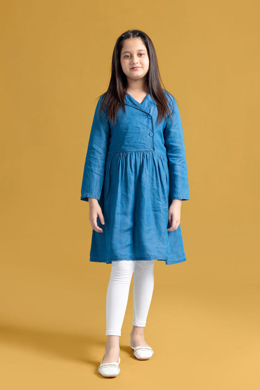 Junior Girls Denim Frock Dress - Light Wash