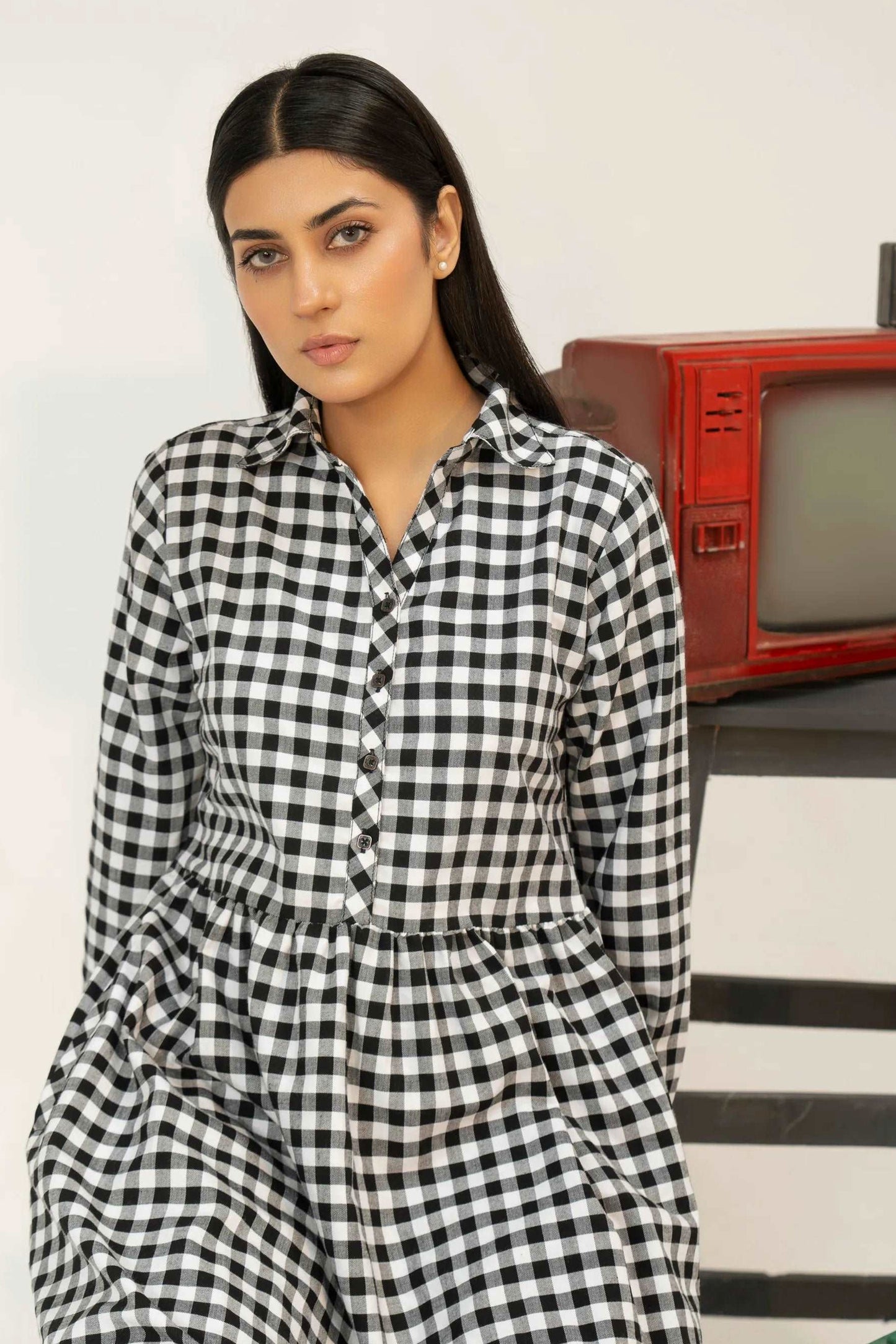 Women Woven Long Dress - Checkered