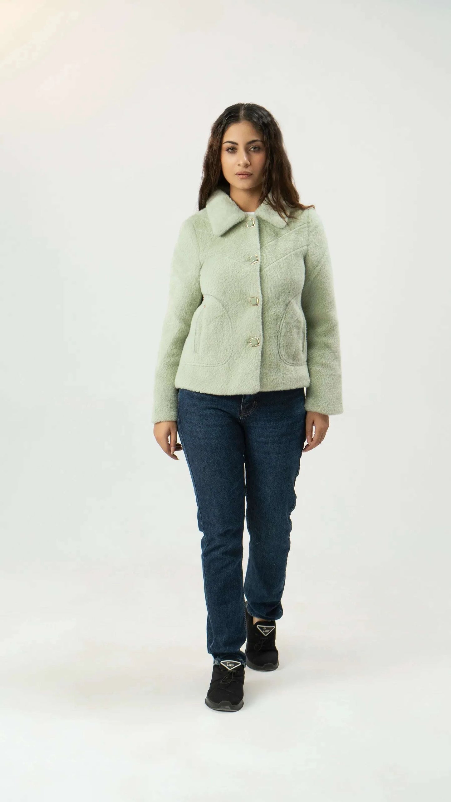 Women Rabbit Wool Coat - Sea Green - Harwage