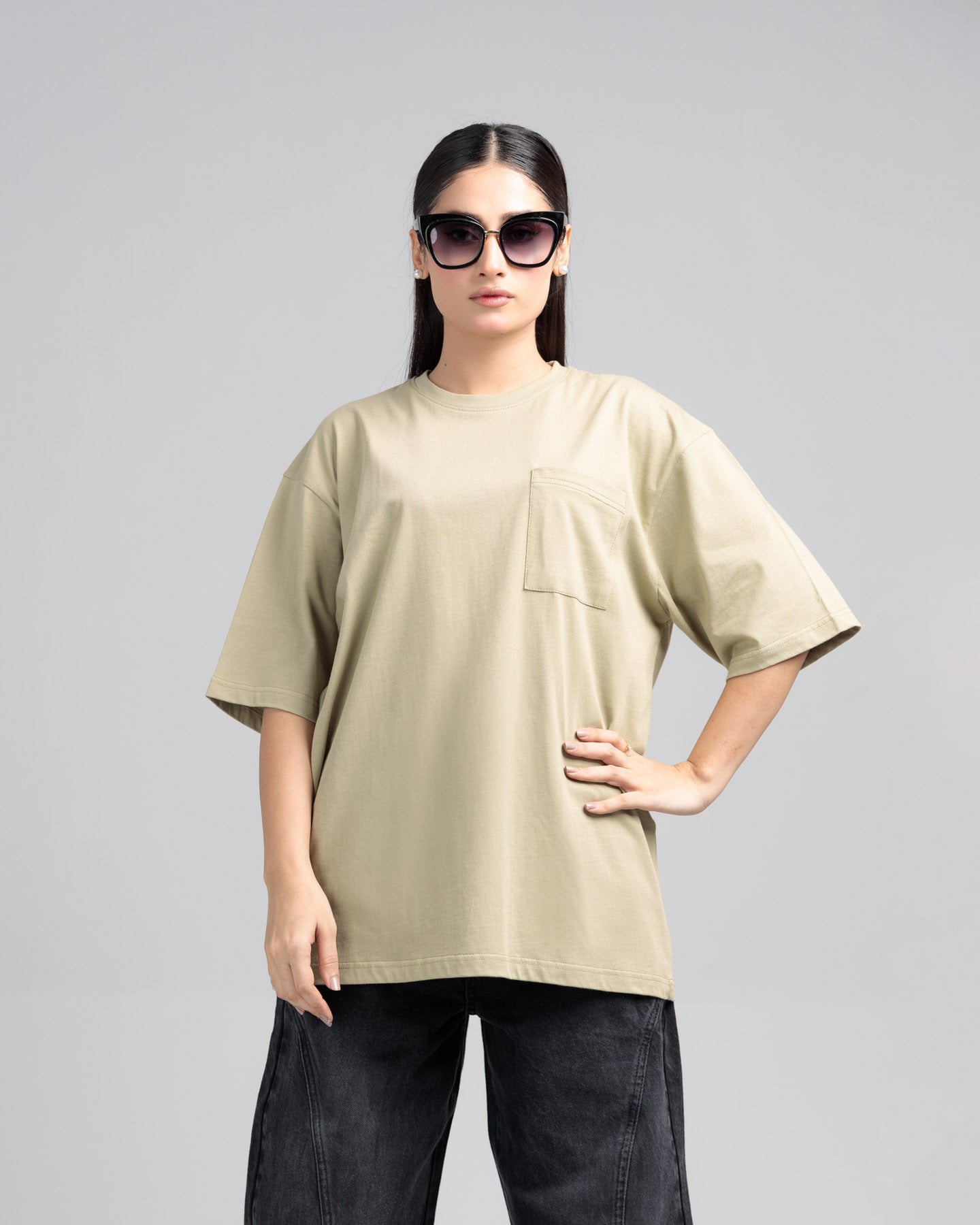 Women Boxy Fit Cotton T-Shirt - Grey Green