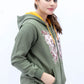 Women Printed Zipper Hoodie - Olive Green
